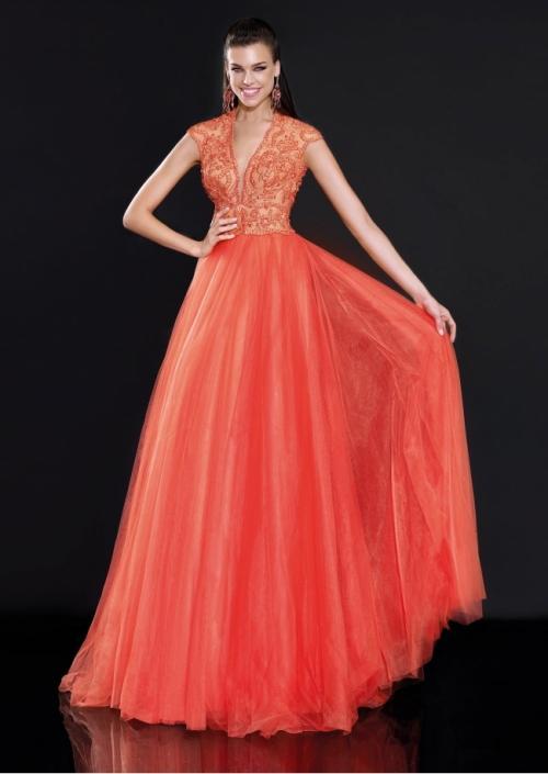Tarik Ediz - Embroidered V-Neck Gown 92596 in Orange