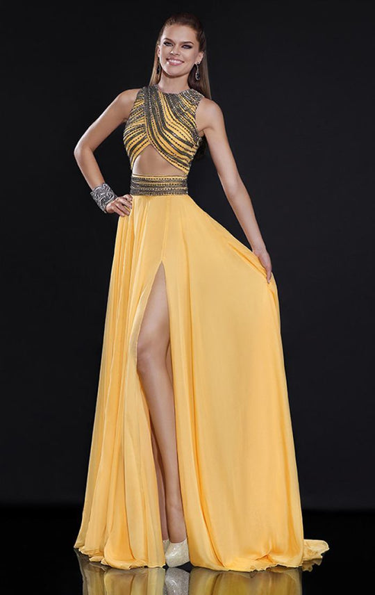 Tarik Ediz - Embellished Two-Piece Chiffon Gown 92597 in Yellow