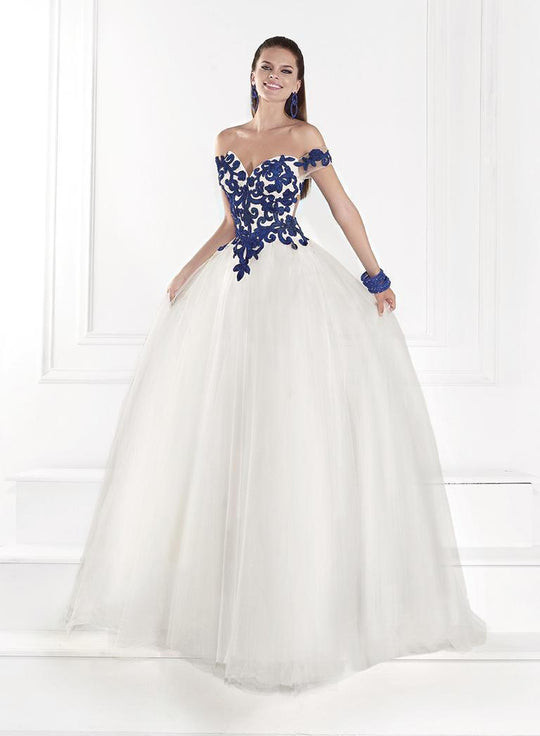 Tarik Ediz - Off the Shoulder Filigree Patterned Tulle Gown 92613 in White and Blue
