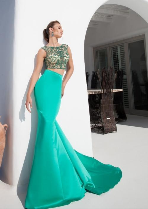 Tarik Ediz - Two-Piece Bateau Neck Gown 92643 in Green