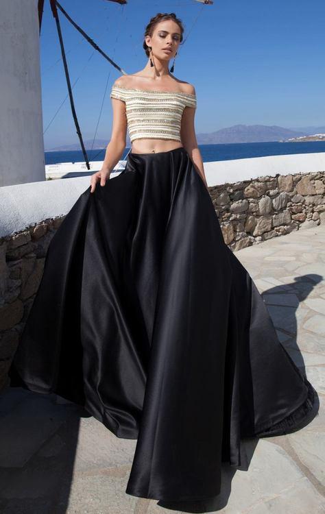 Tarik Ediz - Two-Piece Off-Shoulder Gown 92645 in Black and Multi-Color