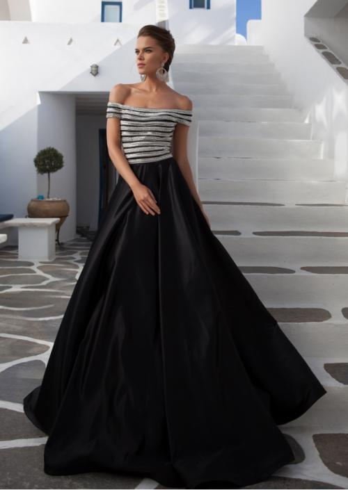 Tarik Ediz - Beaded Off-The-Shoulder Neck Ballgown 92656 in Black