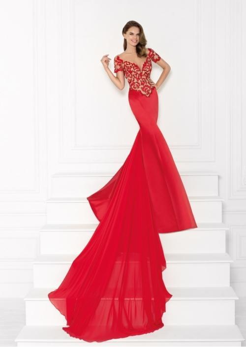 Tarik Ediz - Floral Illusion Bateau Neck Gown 92665 in Red