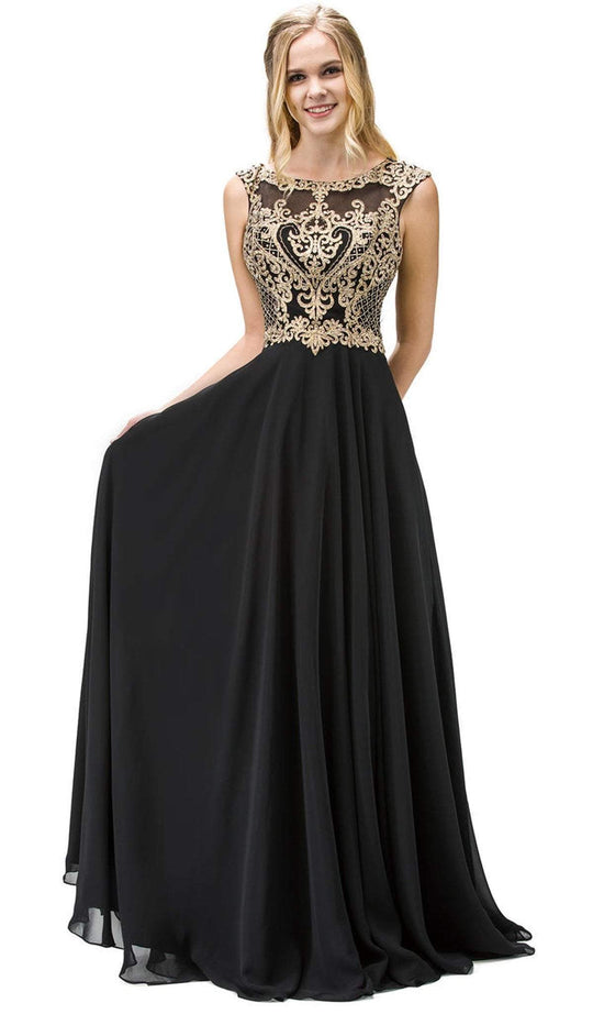Dancing Queen - 9266 Embroidered-Lace Bodice Chiffon Long Prom Dress in Black