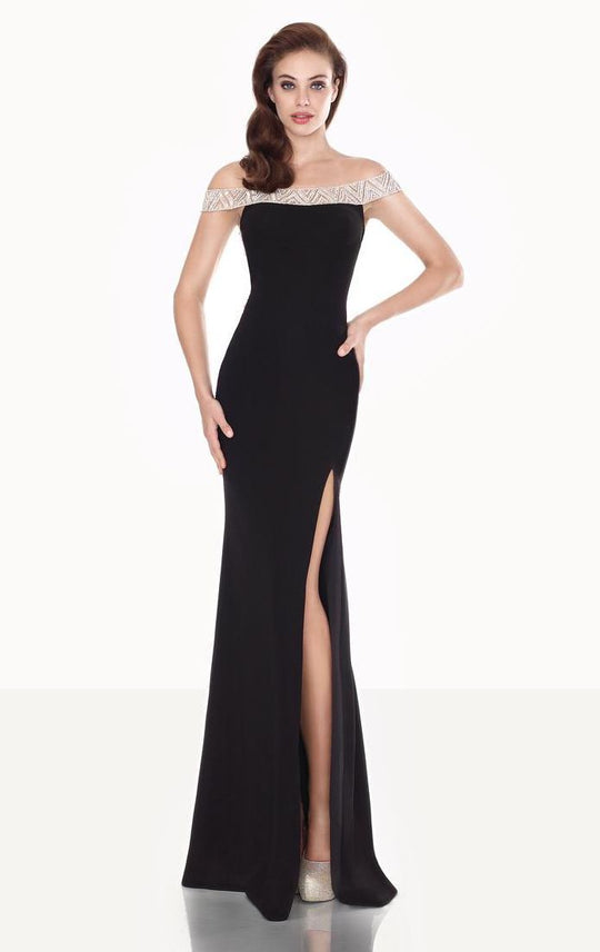 Tarik Ediz - Bejeweled Off-Shoulder Gown 92672 in Black