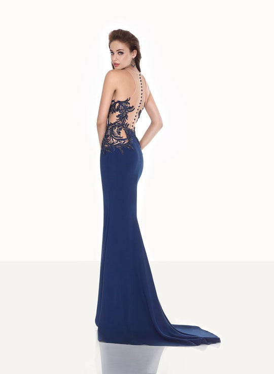 Tarik Ediz - Lace Applique Embellished Gown 92679 in Blue