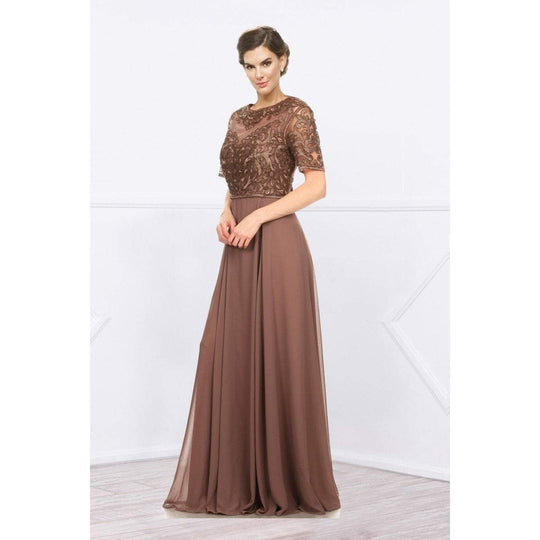 Nox Anabel - 5151 Embroidered Bateau Neck A-Line Gown in Brown