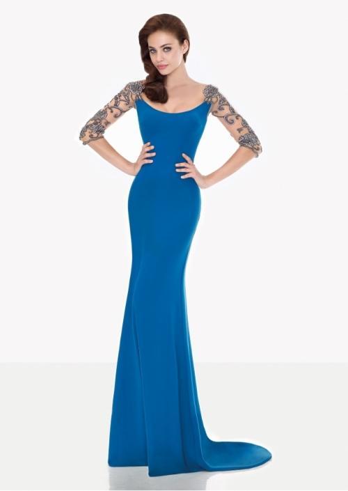 Tarik Ediz - Embellished Sleeves Long Dress 92697 in Blue