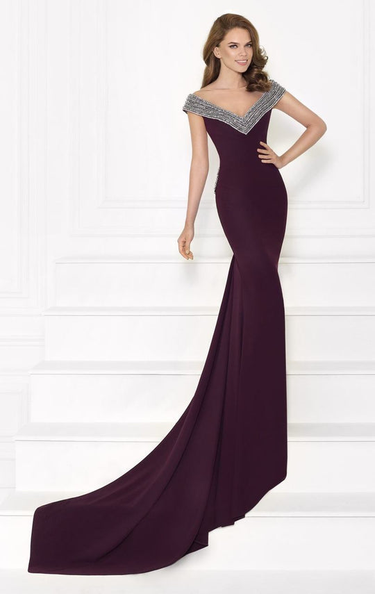 Tarik Ediz - Embellished Off-Shoulder Gown 92704 in Purple