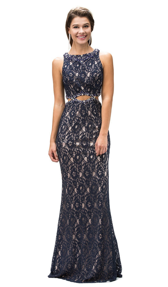 Dancing Queen - 9271 Sleeveless Jewel Neck Lace Cutout Prom Dress In Blue
