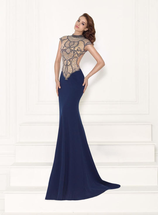 Tarik Ediz - 92717 High Neck Adorned Evening Gown In Blue