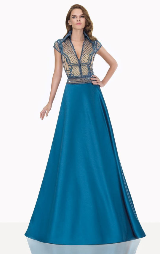Tarik Ediz - Embellished Long Gown 92719 in Blue