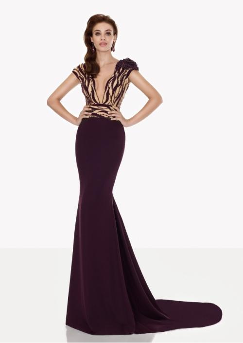 Tarik Ediz - Plunging Mermaid Dress 92723 in Purple