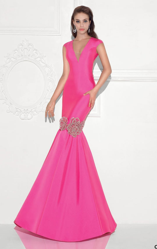 Tarik Ediz Cap Sleeved Deep V-Neck Mermaid Gown 92729 In Pink