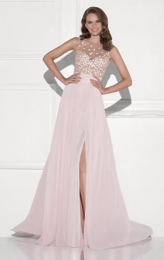 Tarik Ediz - Illusion Neck A-Line Gown 92758 in Pink