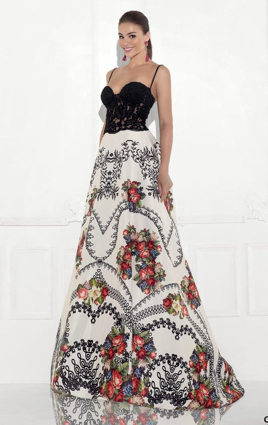Tarik Ediz - Lace Floral Printed Satin Gown 92769 in Black and Print
