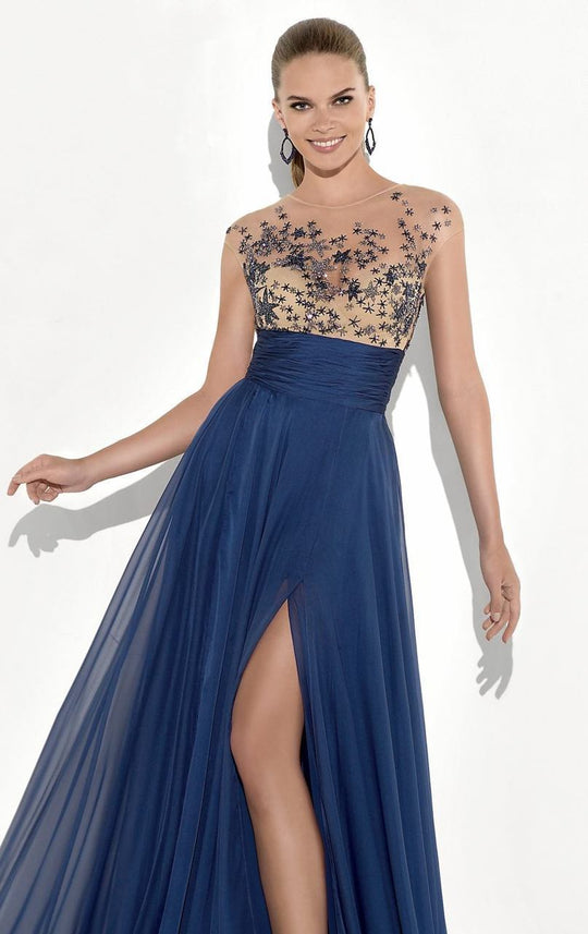 Tarik Ediz - Embellished Long Dress 92788 in Blue