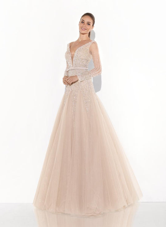 Tarik Ediz - 92792 Long Sleeve Shimmering Evening Gown In Neutral