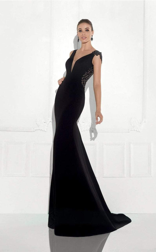 Tarik Ediz - 92827 Deep V-Neck Leaf Detail Evening Gown In Black
