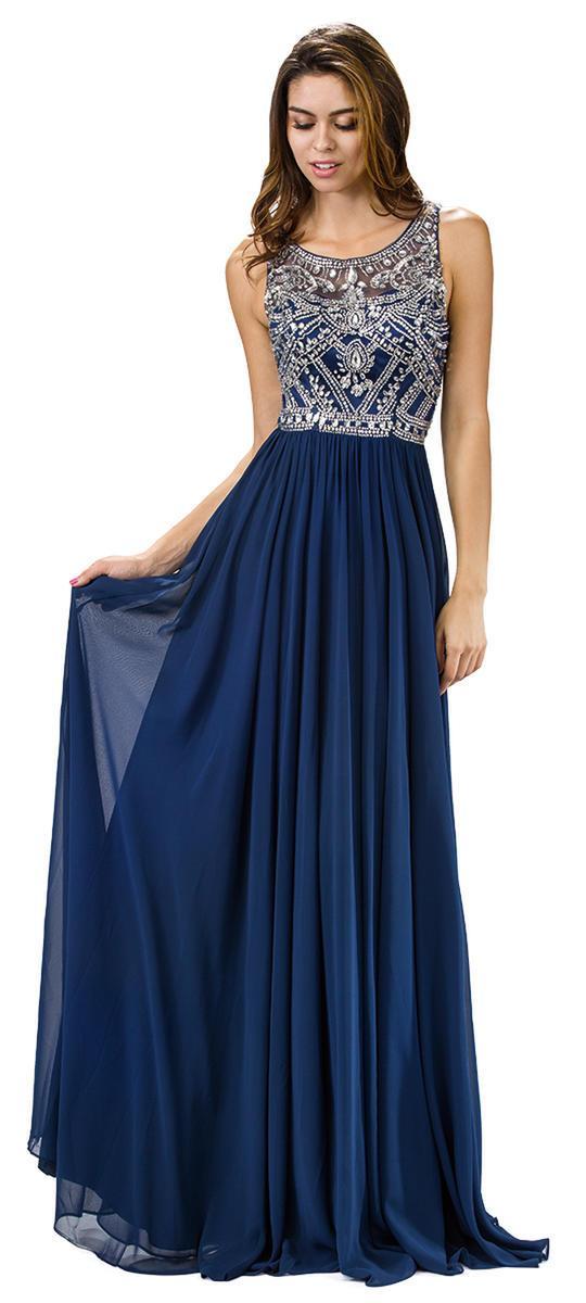 Dancing Queen - 9282 Rhinestone Crusted Illusion A-Line Navy Prom Dress in Navy