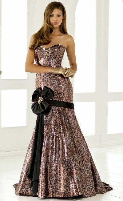 Blush - Strapless Printed Long Gown with Black Ribbon Accent 9284 in Print