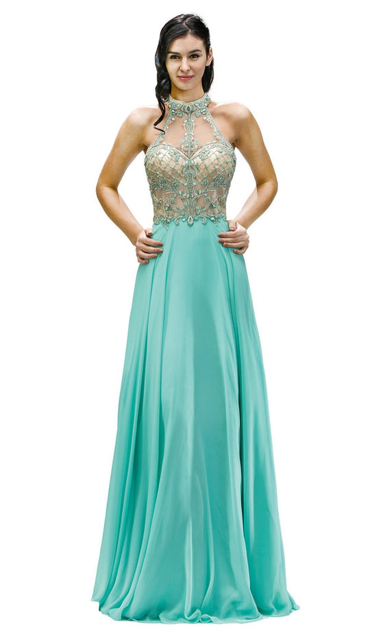 Dancing Queen - 9293 Exquisite Illusion High Halter Chiffon A-Line Prom