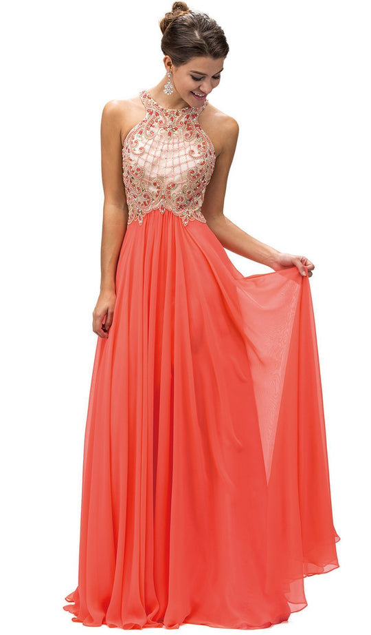 Dancing Queen - 9298 Embellished Halter A-line Evening Dress in Orange