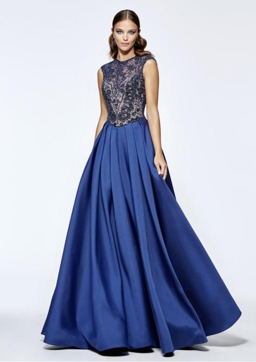 Tarik Ediz - 93197 Pleated Jewel A-line Dress In Blue