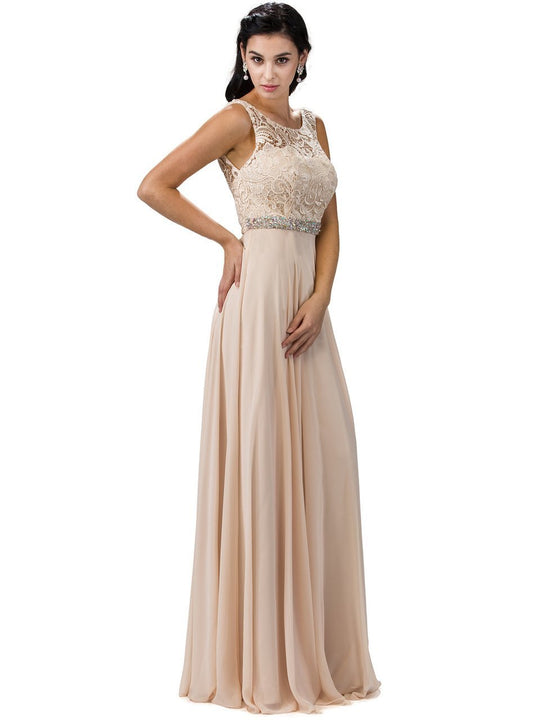Dancing Queen - 9325 Lace Embroidered Chiffon A-line Dress in Neutral