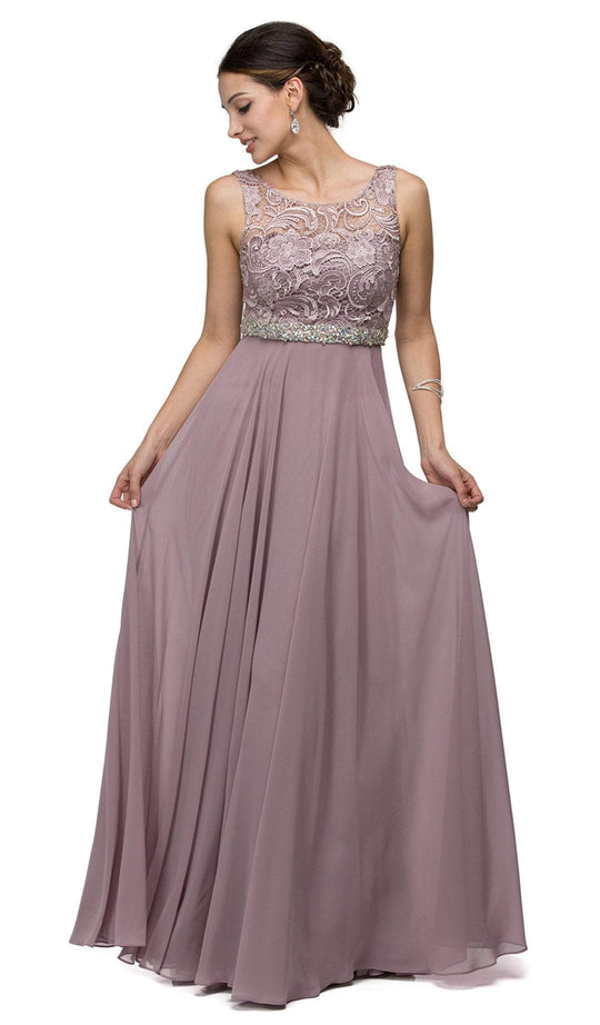 Dancing Queen - 9325 Embroidered Lace Scoop Neck Chiffon Prom Dress In Brown