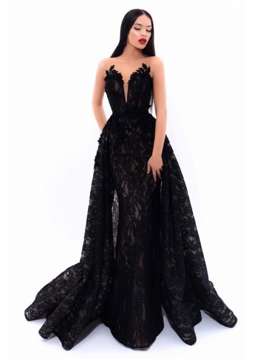 Tarik Ediz - 93301 Lace Illusion Bateau Gown In Black