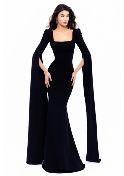 Tarik Ediz - 93302 Square Trumpet Dress with Floor Length Sleeves In Black