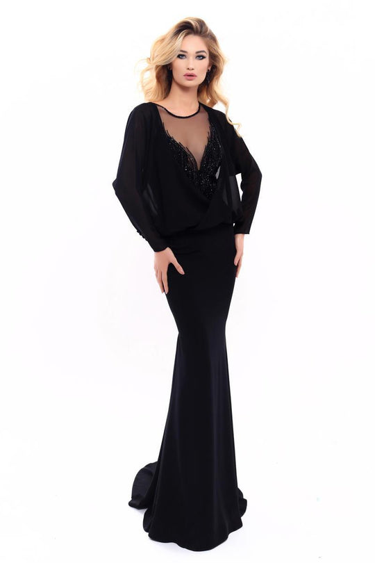 Tarik Ediz - 93304 Beaded Illusion Neckline Sheath Gown In Black