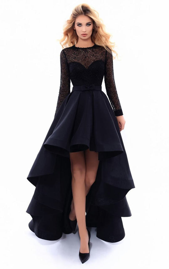 Tarik Ediz - 93309 Beaded Lace High Low Evening Gown In Black