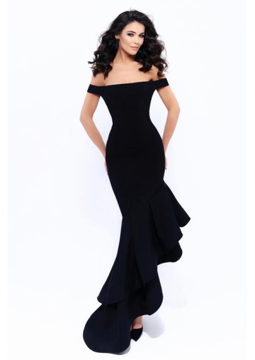 Tarik Ediz - 93311 Sleek Off-Shoulder Ruffled Sheath Dress In Black