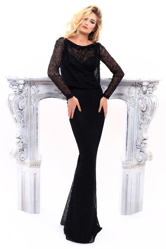 Tarik Ediz - 93312 Sheer Blouson Long Sleeve Beaded Gown In Black