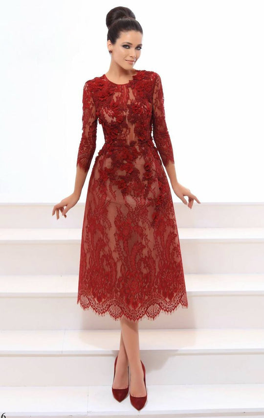 Tarik Ediz - 93316 Quarter Sleeve Floral Lace Tea-Length Dress In Red