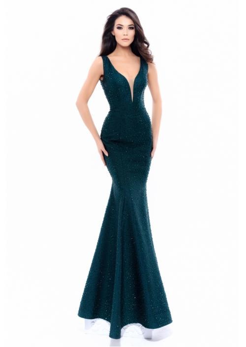 Tarik Ediz - 93331 Embellished Deep V-neck Mermaid Dress In Green