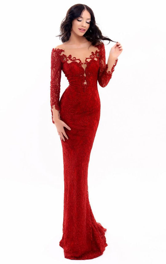 Tarik Ediz - 93334 Illusion Neckline Lace Embellished Evening Gown in Red