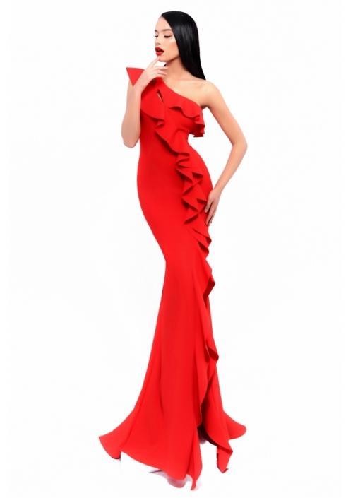 Tarik Ediz - 93339 Ruffled One Shoulder Mermaid Dress In Red