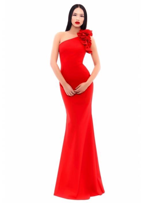 Tarik Ediz - 93341 Ruffled One Shoulder Sheath Dress In Red