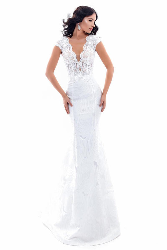 Tarik Ediz - 93351 Lace Deep V-Neck Jacquard Mermaid Gown In White