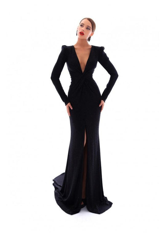Tarik Ediz - 93406 Deep V-neck Long Sleeved Sheath Gown In Black
