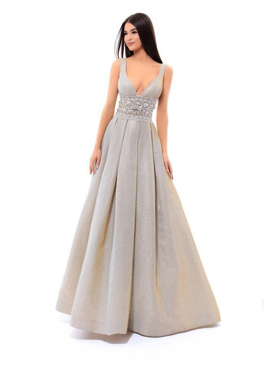 Tarik Ediz - 93419 Sleeveless Plunging V-neck A-line Gown In Gold and Neutral