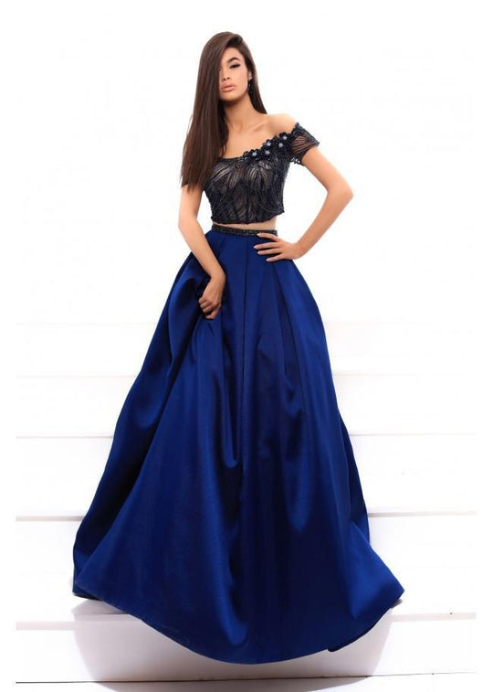 Tarik Ediz - 93429 Off-Shoulder Two-Piece Taffeta Ballgown In Blue