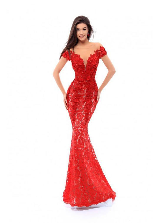 Tarik Ediz - Fitted Floral Embroidered Evening Dress 93430 in Red