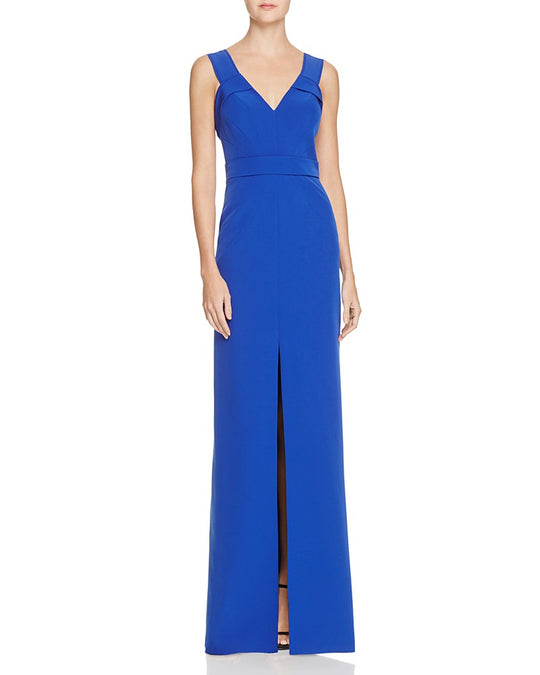 Aidan Mattox - MD1E200624 V-Neck Crepe Evening Gown in Blue