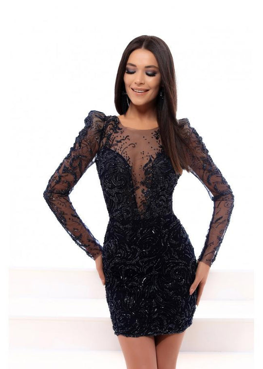 Tarik Ediz - 93497 Puffed Long Sleeved Beaded Cocktail Dress In Blue