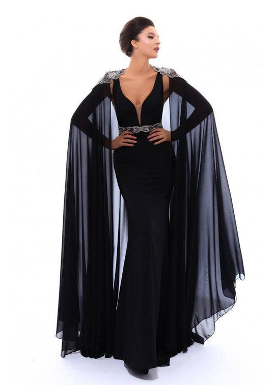 Tarik Ediz - 93499 Deep V-neck Sheath Gown with Chiffon Cape  In Black