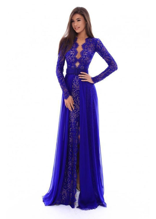 Tarik Ediz - 93500 Long Sleeved Lace Gown with Chiffon Overskirt In Blue